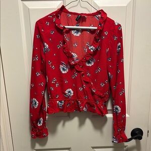 Red Ruffled Tie Front Blouse with Long Sleeves